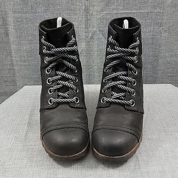 Sorel 1964 Premium Wedge Women's Black Leather Snake Print Lace-Up Bootie SZ 7 - Picture 3 of 10